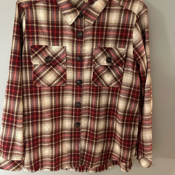 Women's Democracy Plaid Flannel Shirt with fringe detail. Size small - Picture 1 of 5